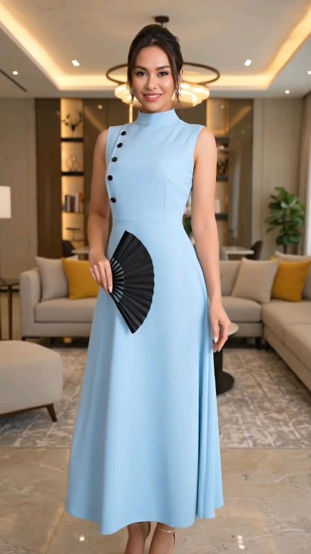 Vestido Midi Feminino Elegante Alfaiataria Sem Manga Botões Laterais  #VestidoMidiFeminino #AlfaiatariaElegante #ModaEvangélica #VestidosFormais #Look