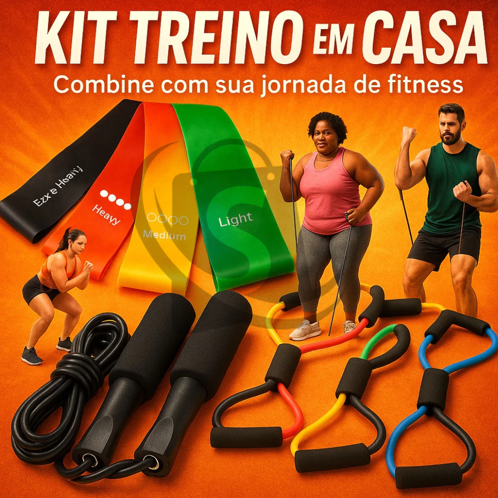 Kit Treine Em Casa Completo Elástico Extensor Cross Tube + Corda de Pular + Kit com 5 Faixas Mini Band