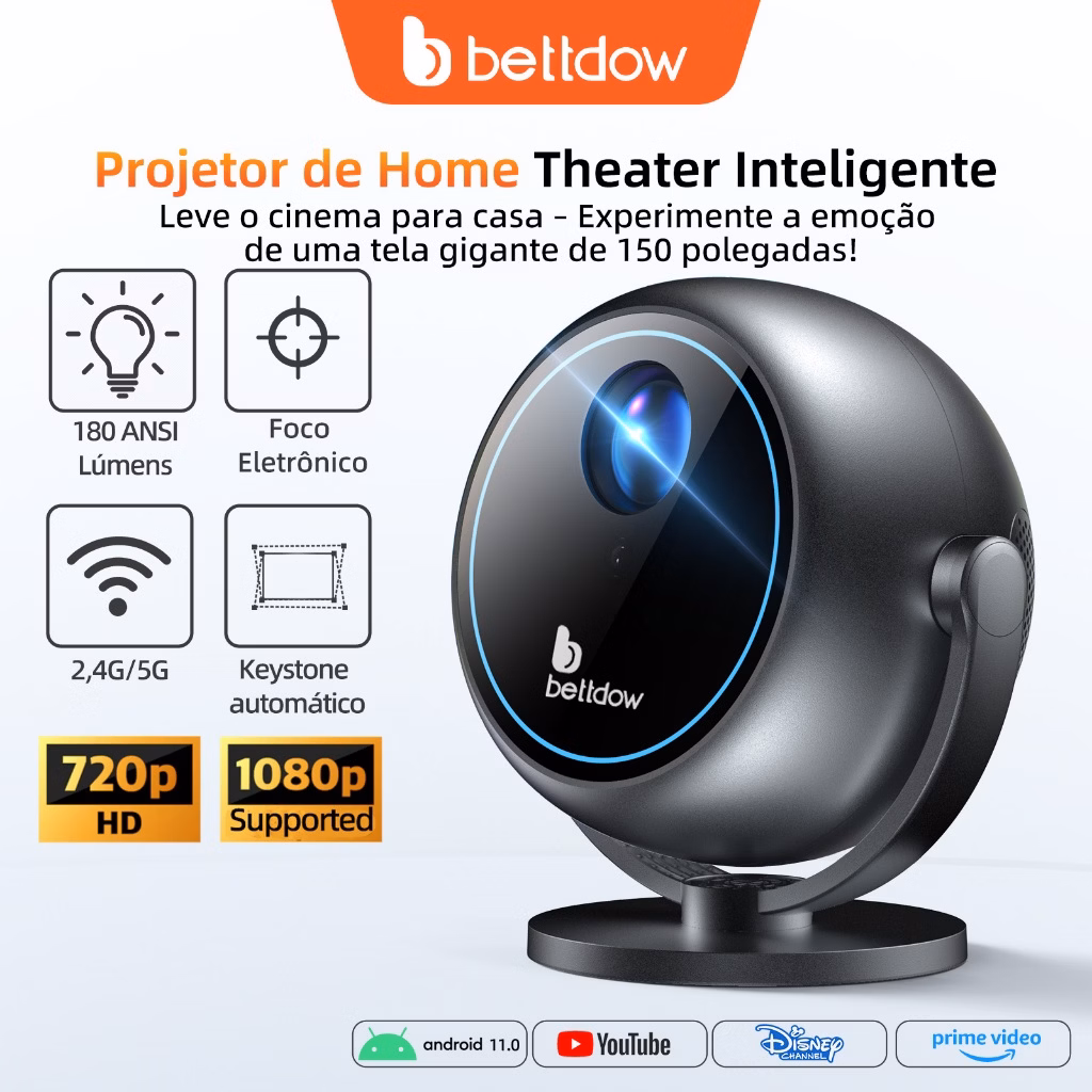 Projetor portátil BETTDOW, projetor de domo 360° 1080P 180ANSI, Bluetooth 5.0, Netflix grátis, foco