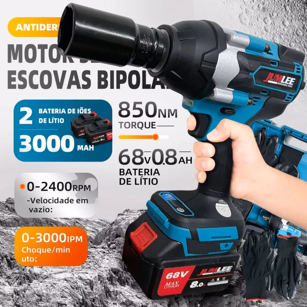 Chave de Impacto 68V 850Nm Brushless 2 Super Baterias 8.0Ah Furadeira e Parafusadeira Elétrica