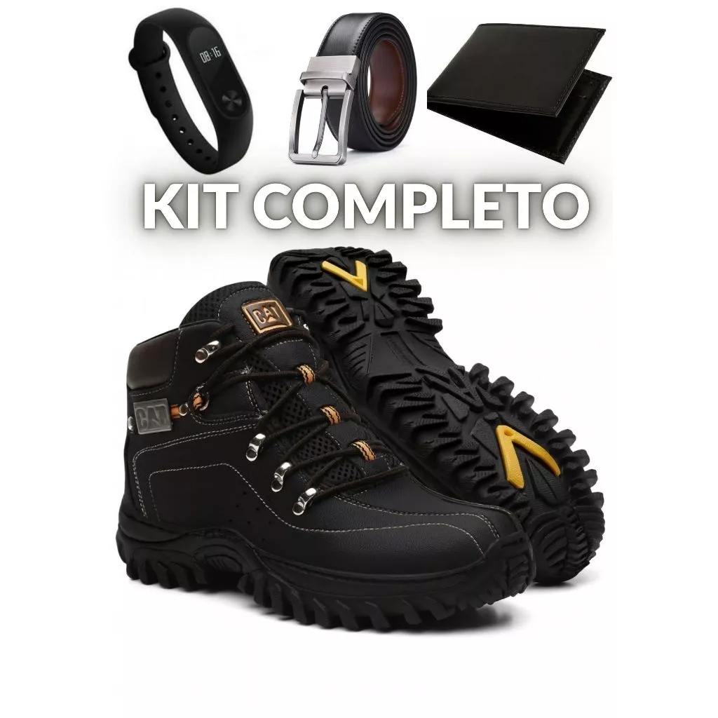 Bota Caterpillar Masculina Em Couro + Cinto + Carteira + Relógio.